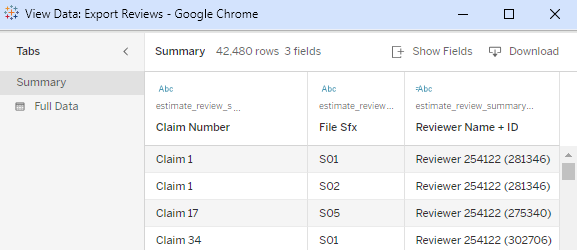  View Data Dialog box shoing the selected columns.