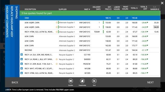 Parts Shopping screen