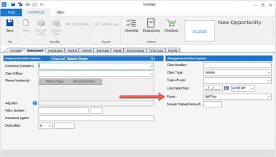 Screenshot of CCC One on the Insurance tab with an arrow pointing to the payer field showing that it now defaults to Self Pay.