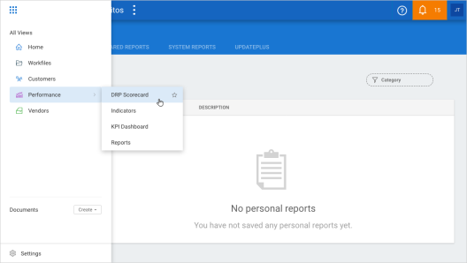 Shows Preformance options: DRP Scorecard, Indicators, KPI Dashboard, Reports 