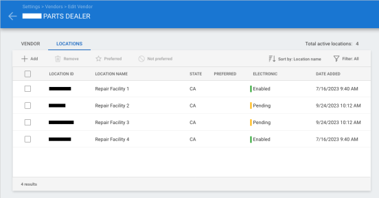 Edt Vendor page displaying Locations tab