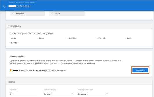 Select Configure on Edit Vendors page