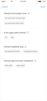 Mobile Screenshot showing options to select part options 