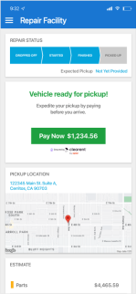 Consumer Payments via Clearent screenshot showing the vehicle is ready for pickup and the total amount to pay.