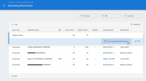 Estimating Blend Rules screen with curser selecting Copy and update other locations.