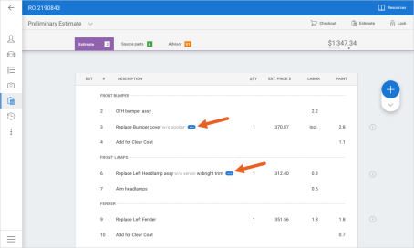Preliminary Estimate page with arrows pointing to the elipse icons for line level estimate lines.