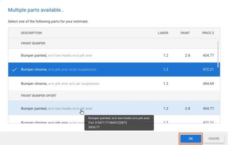Multiple Parts popup showing that parts can be selected, then select OK to complete.