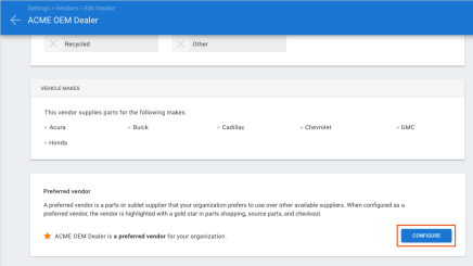 Edit Vendor screen with Configure button highlighed.