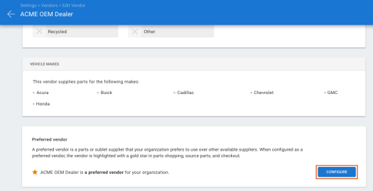 Edit Vendor details screen with the configure button highlighted.