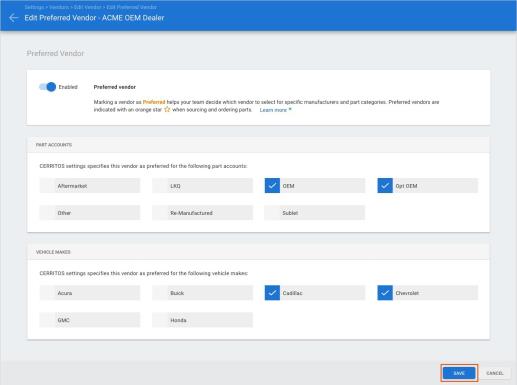 Edit Preferred Vendor screen with the Save button highlighted.