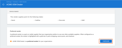Edit Ventor screen with the Preferred vendor Configure button highlighted.