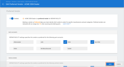 Edit Preferred Vendor screen with the Save button highlighted