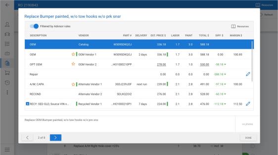 Part selection popup showing avalible vendors to select a particular part from.