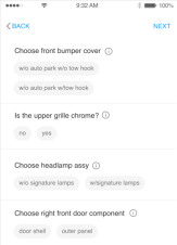 Part selection mobile screen showing options to select for parts in your estimate. 