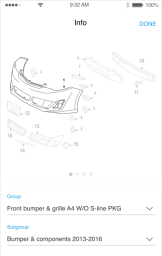 Mobile screen showing group and subgroup for front bummper.