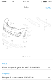 Mobile screen showing group and subgroup for front bummper.