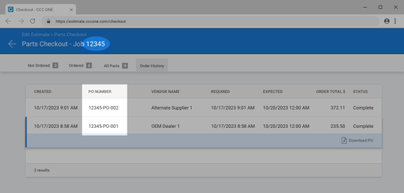 cccone.com Parts Checkout screen on the Order History tab with the PO Numbers highlighted