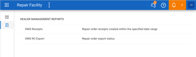 Repair Facility Dealer Management Reports showing the DMS Receipts and DMS RO Export