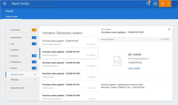cccone.com Action Center Electronic Orders screen