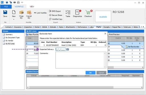 Backorder Item window showing Expected Date field.