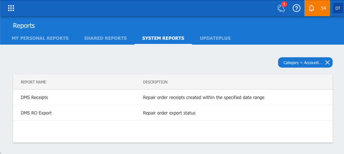 Reports page with System Reports tab selected showing the DMS Recipts and RO Export reports. 