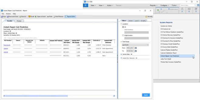 Instant Repair Cost Prediction Report in the CCC ONE Desktop application. 
