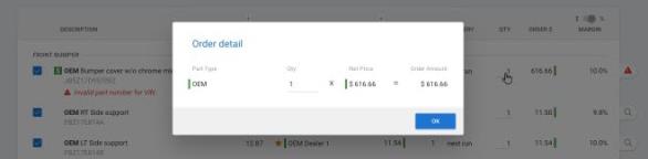 Order Detail Pop-up showing the Quanity being changed
