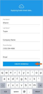 RF Mobile App showing the text: "Appying build sheey data"  in a banner at the top of the screen with Name, Commpany, and Contact Information fields and a the "Create Workfile" at the bottom. 