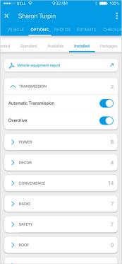 The RF Mobile app showing a Workfile with Options tab, then Installed sub-tab selected showing the  Build Sheet itmes for the scanned VIN.