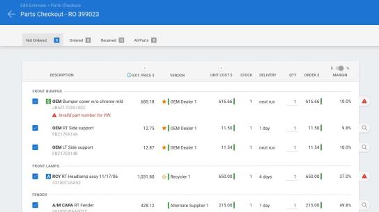 Parts Checkout screen with the Not Ordered tab selected, showing various unordered parts from Primary Dealer and Preferred Vendors.