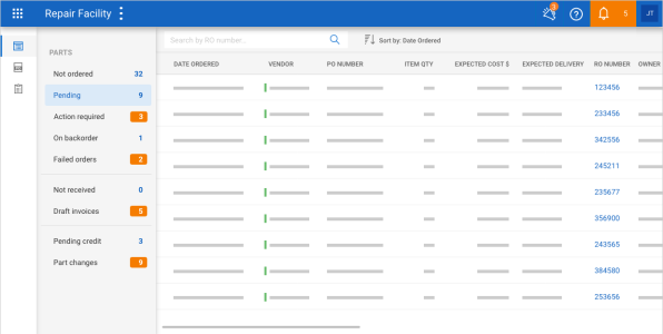 Parts Dashboard's Pending section with additional dashboard options such as Backorder, not received, showing all the orders that are pending, showing the Date Ordered, Vendor, PO Number, Item Quantity, Expected Cost dollar, Expected Delivery, RO Number, ect. 