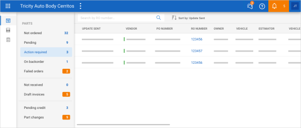 Parts Dashboard's Action Required section with additional dashboard options such as Backorder, not received, showing all the orders that have required action items, showing the Update Sent, Vendor, PO and RO Number, Owner, ect.  