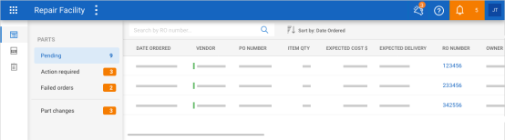 Parts Dashboard's Pending section showing all the orders that are pending, showing the Date Ordered, Vendor, PO Number, Item Quantity, Expected Cost dollar, Expected Delivery, RO Number, ect. 