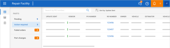 Parts Dashboard's Action Required section showing all the orders that are need action, showing the Undate Sent, Vendor, PO Number, RO Number, Owner, ect. 