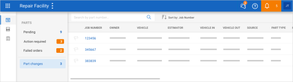 Parts Dashboard's Part changes section showing all the orders that have part change, showing the Job Number, Owner, Vehicle, Estimator, ect.