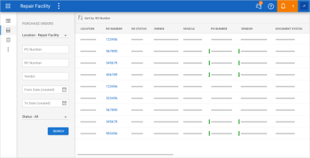 Purchase Orders screen showing recent orders and the search panel on the left side with the search fields PO Number, RO Number, Vendor, From Date, To Date, a Status dropdown, and the Search button.