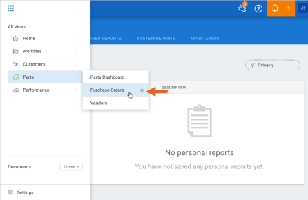 cccone.com showing an open menu with Parts then, the Purchase Orders sub menu option selected.