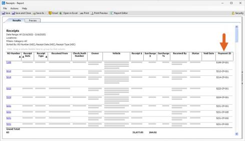 Receipts Reports window with the Results tab opened with an arrow pointing to the new Payment ID column.  