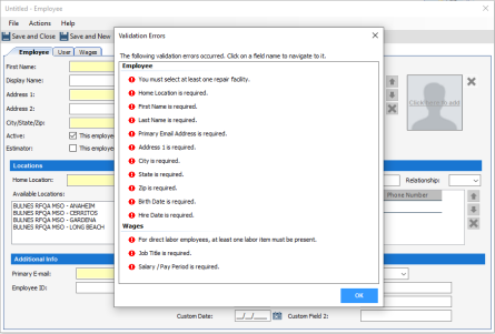 Shows a list of the Valiadation errors for the missing feilds such as Address, email, Date of Birth, Hire Date.