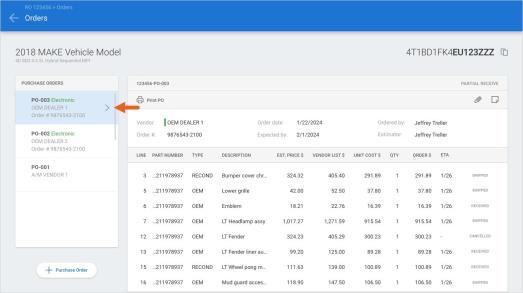 Orders screen for a generic vehicle with several parts on the order with an arrow pointing to one of the selected parts in the Purchase Order summary.