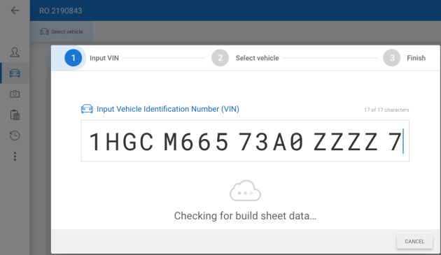 Popup showing the Input VIN screen when adding build sheets to an estimate.