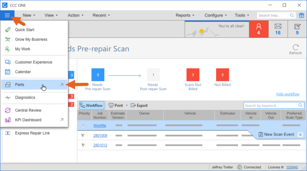 Arrow pointing to the Parts dashboard menu option with icon indicating it a web browser window will open when clicked.