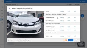 Select parts Jumpstart screen with arrow pointing to the OK button.