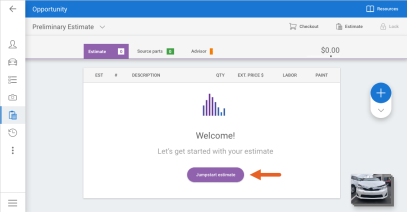 Estimate tab in cccone.com with arrow pointing to the Jumpstart estimate button.