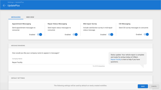 UpdatePlus setting page with all the Messaging features in the enabled position including the new Mid-Repar Survey option.
