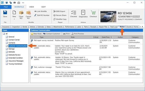 CCC ONE Desktop with the Notes tab and Customer Comunication selected.