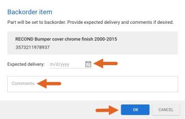 Backorder item screen popup, with fields to select the Expected delivery date and enter comments. 