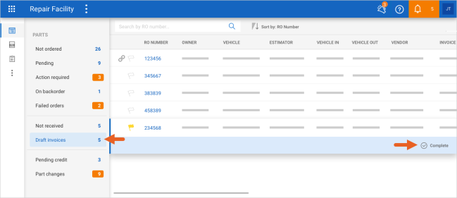 Arrow pointing to Draft Invoices and the Complete button on a RO.
