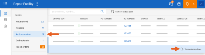 Parts Dashboard showing the Action required and View order updates.