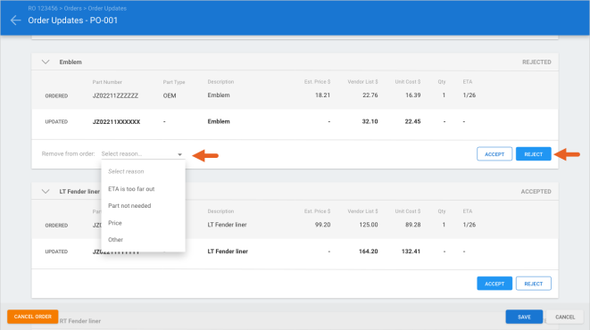 Order Updates screen with arrows pointing to the Accept and Reject options and the reason if rejected.